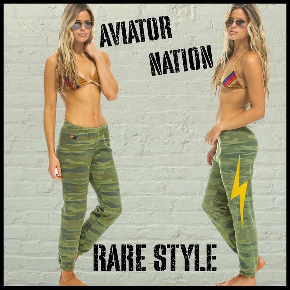 Aviator Nation Camo Sweatpants Lightning Bolt Joggers Size M Rare Unisex